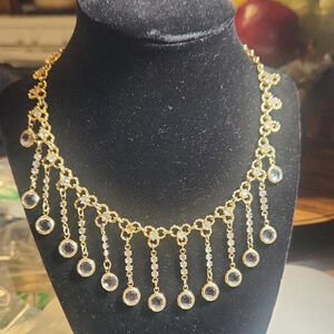 Gold Tone Crystal Rhinestone Dangle Statement Choker Necklace